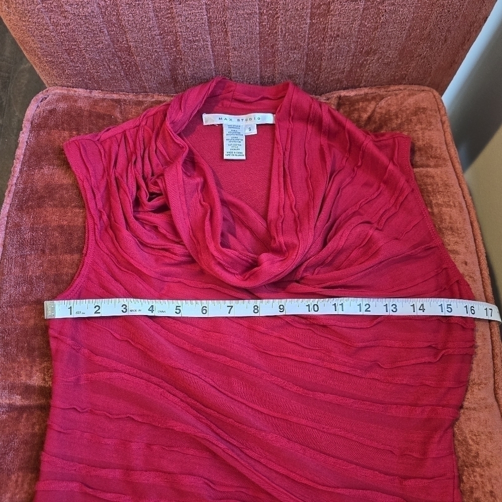 Max Studio Ruched & Textured Stretch Red Sleeveless Cowl Neck Sheath Dress Sz. S - Picture 7 of 10